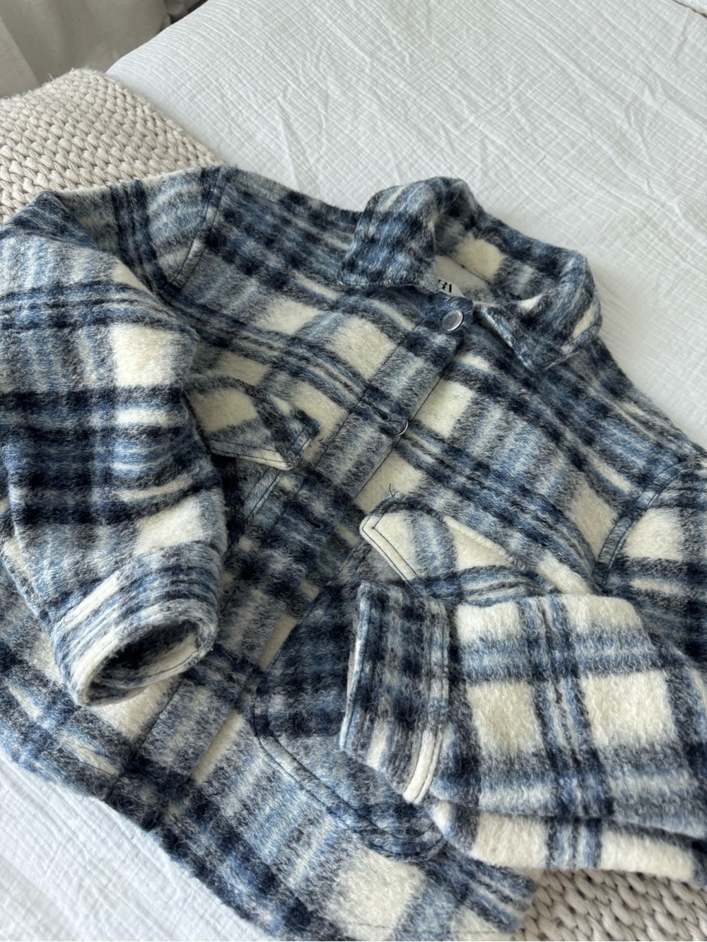 Zara Plaid Wool-Blend Shacket in Cream & Blue